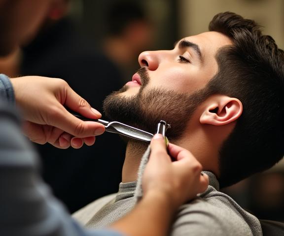 Barber performing a classic straight razor shave in Maspeth